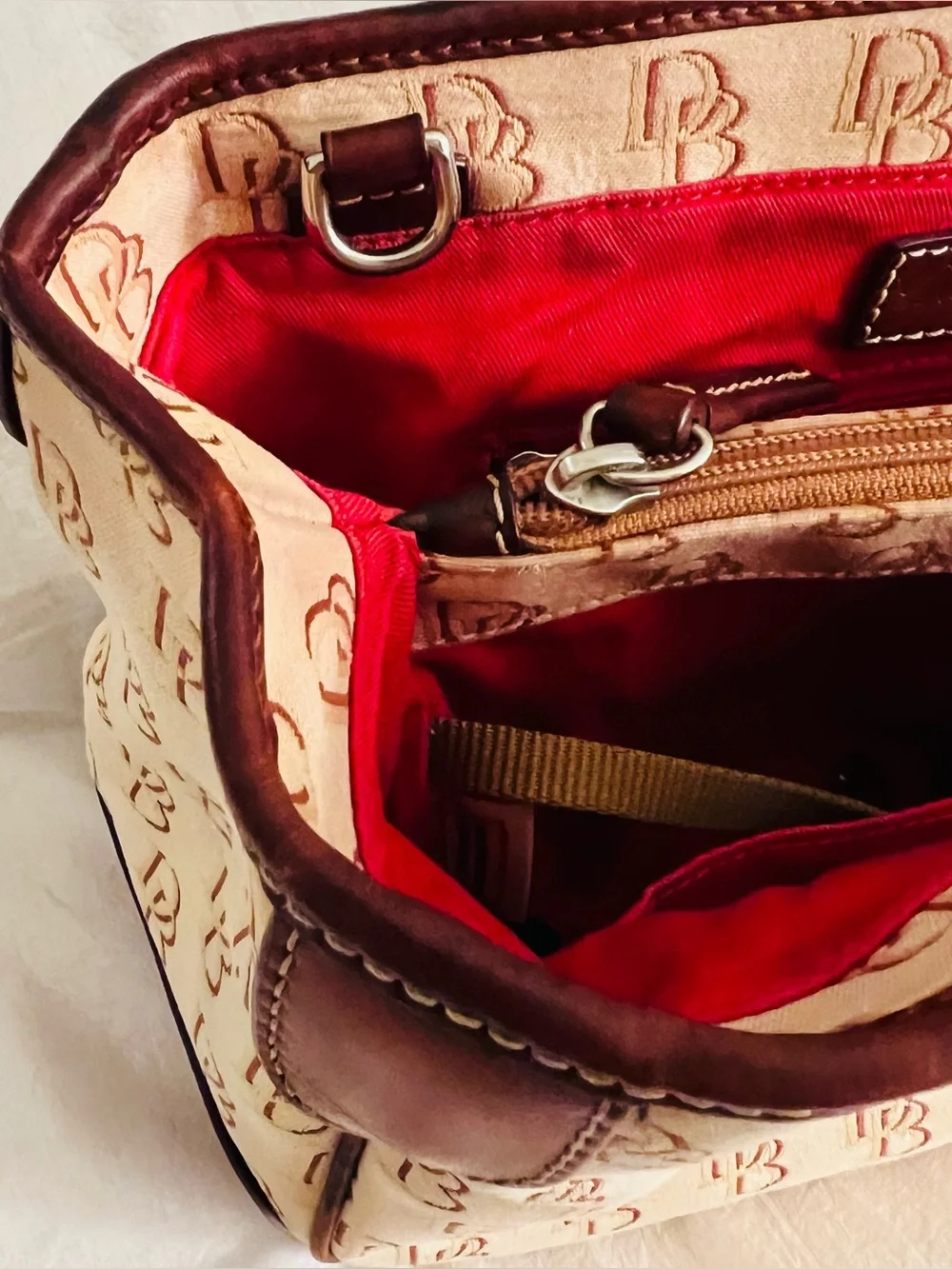 Dooney & Bourke Monogram Satchel Top Handle Turn Lock Zip Red Lining Refurbished